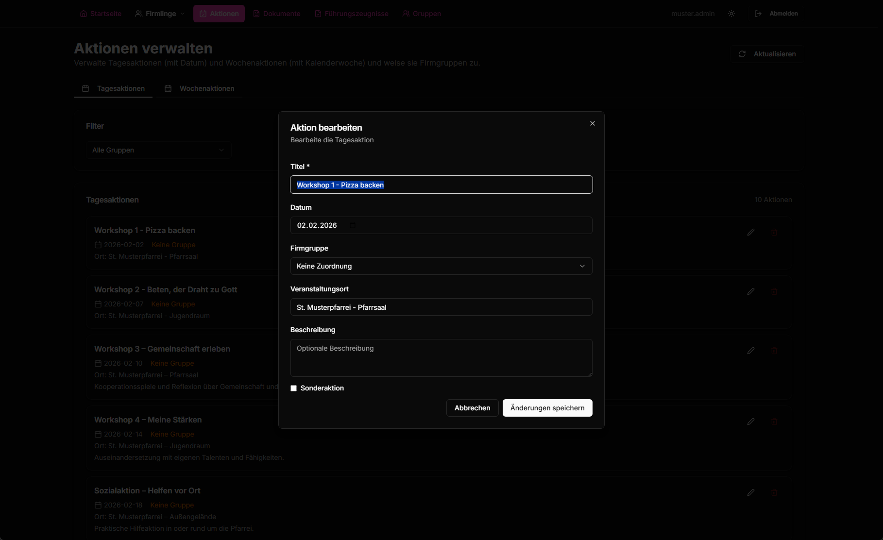 Firmpass Aktionen – Tagesaktionen und Wochenaktionen verwalten